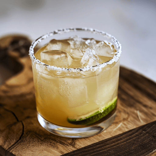 Golden cocktail over ice with salted rim and lime