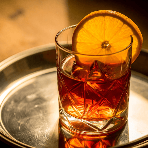 Old fashioned cocktail with orange wheel in cut glass